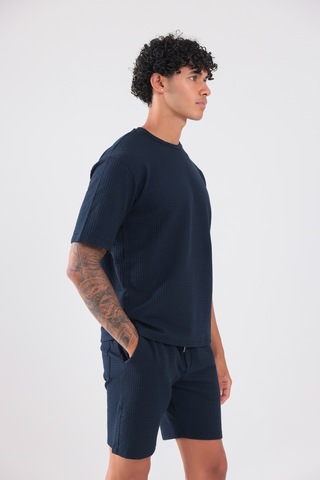 Rowinger Waffle Dokulu Oversize T-shirt Ve Şort Erkek Takım Navyblue