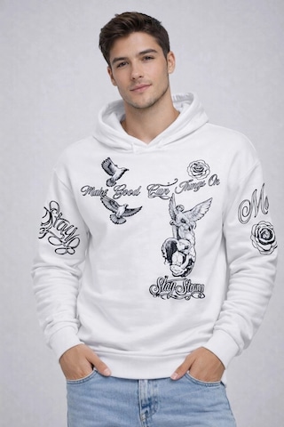 Novalisse Erkek 3 İplik Pamuklu Kapüşonlu Baskılı Sweatshirt Hoodie - Beyaz Çoklu Renk
