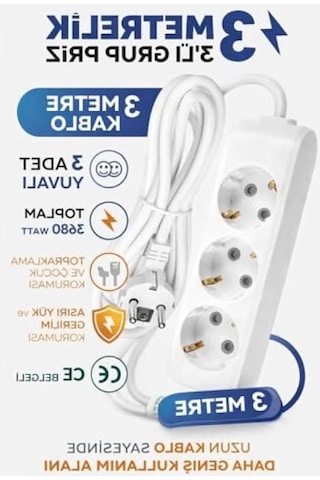 3 Metre Uzatma Kablosu, 3 Lü Topraklı Priz 0