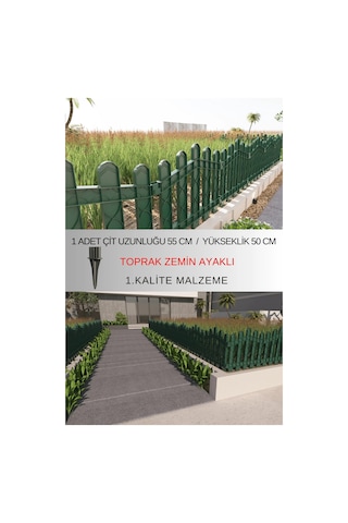 Dekoratif Plastik Bahçe ve Peyzaj Çiti 10 Adet ÇİT (Y: 50 CM / G: 5.5 M) Toprak Ayaklı - Yeşil