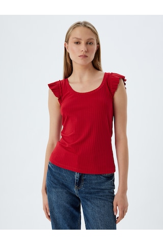 Koton Fırfırlı Karpuz Kol Tişört Yuvarlak Yaka Ribanalı Slim Fit Kırmızı 5wak10179ek Kırmızı