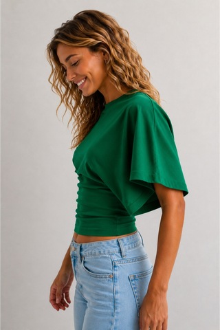 Overmax Bele Oturan Oversize Kollu Premium Crop Bluz Yeşil - 880759104 Yeşil