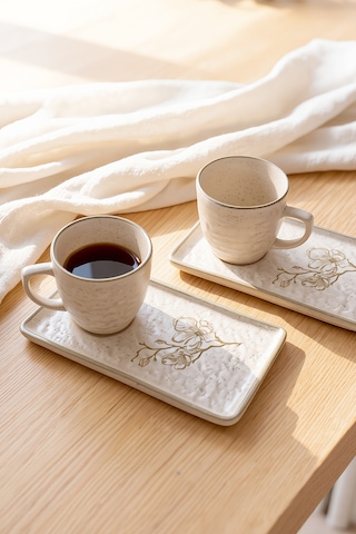 Keramika Taupe Bloom Doğaltaş Kahve Sunum Seti 4 Parça 2 Kişilik 22519-20 Krem