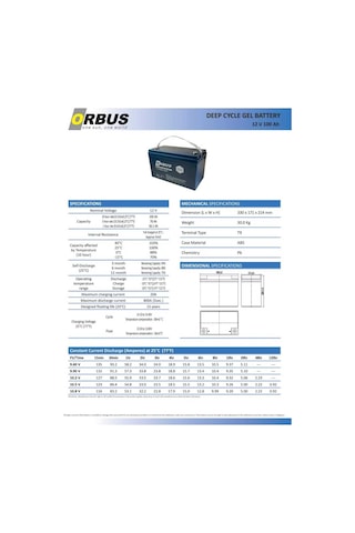 Orbus 12 Volt 100 Amper Jel Akü - Derin Döngü