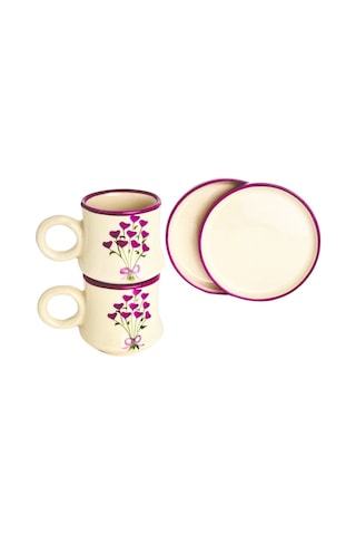 2 Li Takım Mor Kalp Buketi El Yapımı Kazan Seramik Kahve Fincanı, Kahve Fincanı, Hand Made Beyaz