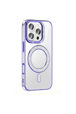 Apple Uyumlu iPhone 16 Pro Kılıf Pırlanta Taş Tasarımlı M-safe Şarj Özellikli Zore Karetta Silikon Kapak Mor