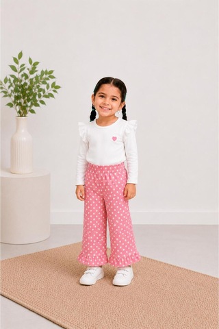 Toikids Pembe Puantiyeli Denım Bol Paça Pantolon Pembe