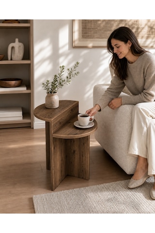 Luna Yan Sehpa Oval Hatlı Ahşap