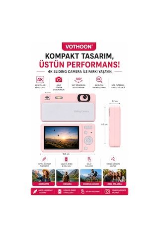 Dijital Kamera 4k Hd 48mp 8x Zoom Flaşlı Kayar Retro Video Kamera 2.4 Ekran 64gb Sd Kart Hediyeli Pembe