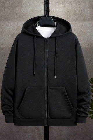 Cool Tarz Unisex Relax Fit Rahat Kesim Pamuklu İçi Polarlı Çift Cepli Fermuarlı Siyah Kapüşonlu Sweatshirt Siyah Siyah