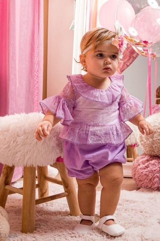 Cantoy Kız Bebek Tül Detaylı Şortlu Taçlı 3'lü Takım Mor