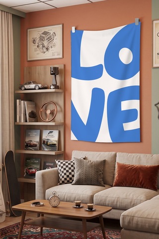 Love Mavi Tipografi Yazı Temalı Modern Dekoratif Duvar Örtüsü Duvar Halısı Beyaz