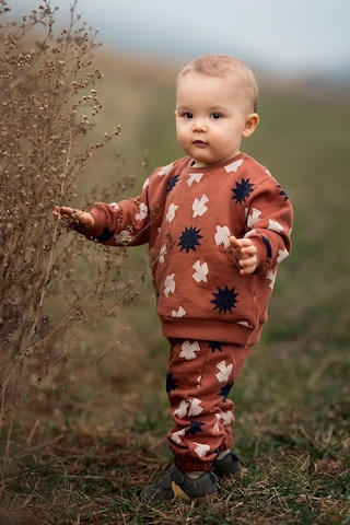 Antebies Organik Gots Sertifikalı Gün Batımı Kuş & Güneş Desenli, Uzun Kollu, Ribanalı Sweatshirt, Bel Lastikli Bağcıklı Pantolonlu Bebek Takımı Turuncu
