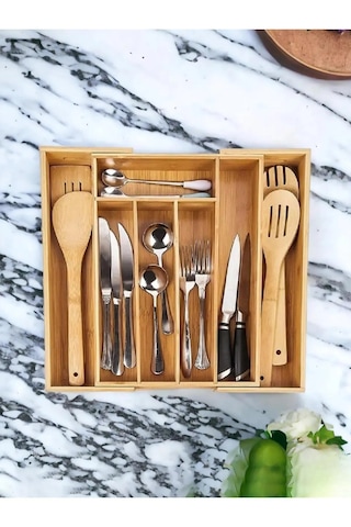Bambu Ayarlanabilir Çekmece İçi Kaşıklık Ölçü Ayarlı 5-7 Bölmeli Doğal Organizer 30x34 Cm / 43x34 Cm Bambu