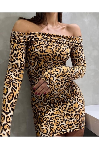 Nnstartshopping Kadın Madonna Mendil Yaka Leopar Desen Mini Elbise Leopar