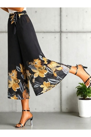 Efnaz Style Kadın Yüksel Bel Belinde Kuşak Detaylı Çiçek Baskılı Astarlı Şifon Pantolon Sarı