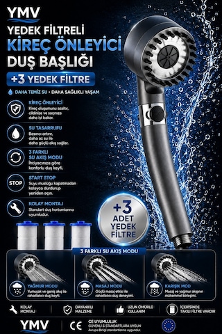 Ymv Masajlı Filtreli Duş Başlığı Yüksek Basınçlı Banyo Başlığı Su Tasarruflu 3 Yedek Filtreli Gri