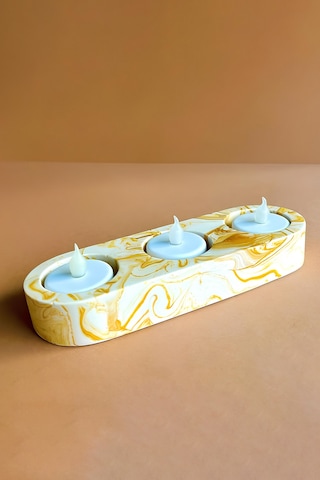 El Yapımı Sarı Mermer Desenli Beton Tealight Mumluk Şamdan Ve Dekoratif Masa Mumluğu Sarı
