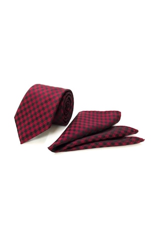 Venchy Bordo Siyah Kazayağı Desen Mendilli Kravat 4240 - 5Mk Bordo
