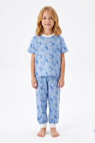 Bunny Hopp Kız Çocuk Pijama Takımı %100 Pamuk Flamingo Desenli Yazlık Kısa Kollu Mavi