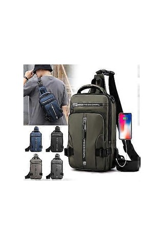 Erkek Omuz Çantası, Çapraz Askılı Çanta, Usb Portlu Hırsızlığa Karşı Göğüs Çantası Omuz Çantası Yeşil