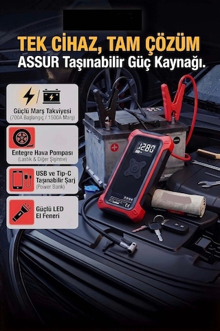 4'ü 1 Arada Dijital Göstergeli Powerbank Led Fener Hava Kompresörü Şarjlı Akü Takviye Cihazı