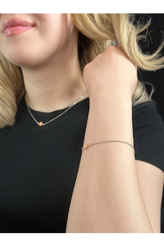 Pembe Papatya Charmlı Çelik Kolye Ve Bileklik Takımı Karma Serisi