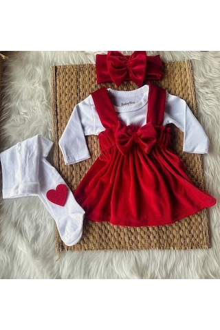 Kız Çocuk Bebek Kadife Kırmızı Pembe Doğum Günü Hediye Bandana Şık Elbise Kırmızı