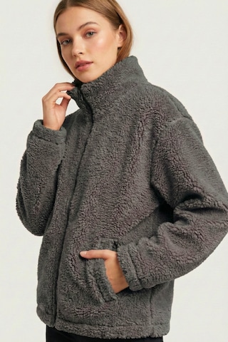 Kadın Peluş Tam Fermuarlı Cepli Sherpa Kuzu Kumaş Oversize Peluş Polar Sweatshirt Füme
