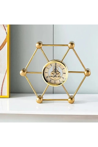 Altıgen Moleküler Tasarım Iskelet Mekanizmalı Gold Metal Masa Saati - Çarklı Lüks Ofis Çalışma Masası Aksesuarı Dekoratif Obje