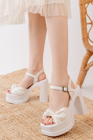 Asmi Shoes Kadın Fiyonk Bantlı 12cm Platformlu Topuklu Ayakkabı Beyaz Beyaz