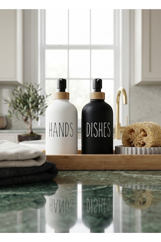 Modern Mutfak Tezgah Üstü 2'li Sabunluk Seti - Bambu Detaylı Hands & Dishes Sıvı Sabunluk Takımı - M Beyaz - Siyah