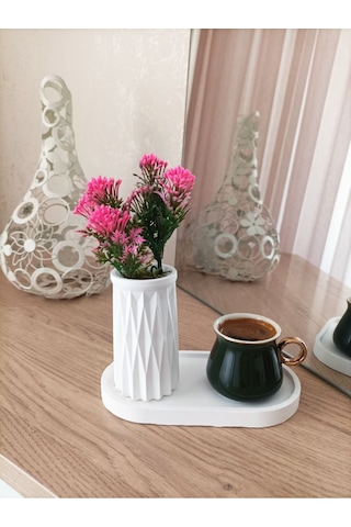 Mini Desenli Beton Saksı Tekli Ve Oval Tabak - Yapay Çiçek Hediyeli - Pembe