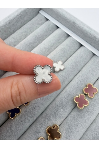 Çelik Yonca Küpe Renkli Mineli Gold Kadın Küpe 1 Cm Minimal Günlük Küpe Beyaz