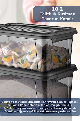 2'li Mega 10l Un Bakliyat Erzak Kabı - Kilitli Kapaklı Banyo Düzenleyici Deterjanlık Saklama Kutusu Siyah