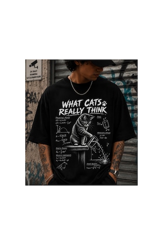 Qmen Style Unisex Siyah Oversize Baskılı T-shirt Uzman Kedi R %100 Pamuk
