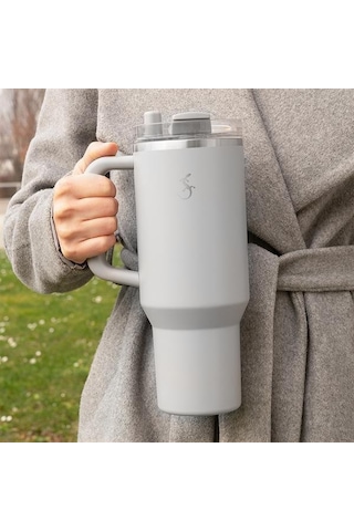 Lurch - Big Cup 1.2 L Granit Gri, Paslanmaz Çelik Termos - Uzatılabilir Pipetli, Çift Cidarlı, Sızdırmaz - 240878 Beyaz