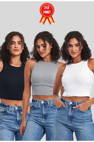 Comeor Kadın Siyah-gri-beyaz Fitilli Görünümlü Askılı Kalın Esnek Örme 3'lü Basic Crop Atlet Bluz Çok Renkli