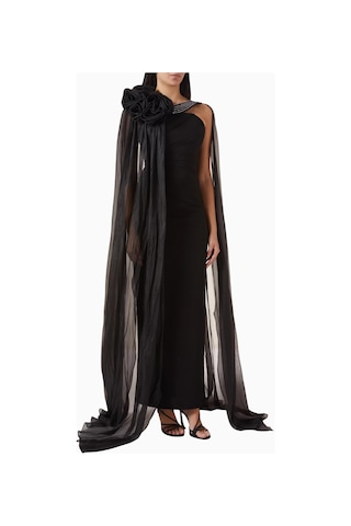 Ac By Aanchal Chanda Embellished Cape Saten - Şifon Işlemeli Pelerin Kollu Kadın Elbise Siyah