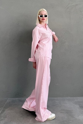Madmext Pembe Çizgili Gömlek Pantolon Kadın Takım Mg2457 Pembe