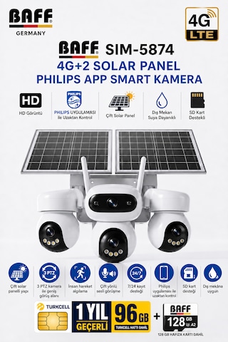SIM-5874 Çift Solar Panelli 4G SIM Kartlı 3 Lensli PTZ Akıllı Dış Mekan Güvenlik Kamerası HD IP Kamera + 96 GB SIM Kartı ve 128 GB Hafıza Kartı Dahil