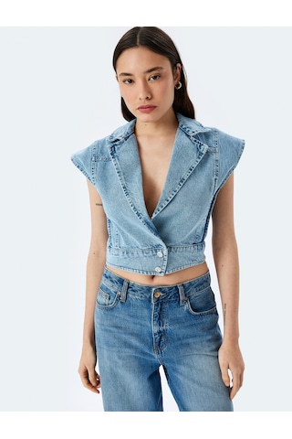 Koton Kolsuz Kruvaze Yaka Crop Denim Düğmeli Yelek Açık İndigo 5sal20001md Açık İndigo