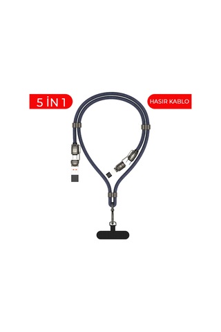 240w 5'i 1 Arada Usb/type-c/lightning Boyun Askılı Turbo Şarj Ve Data Kablosu Hasır Kablo Mt2515
