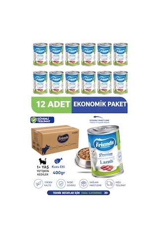 Premium Kuzu Etli Yetişkin Kedi Konservesi 400 Gr X 12 Adet Ekonomik Paket Yaş Mama
