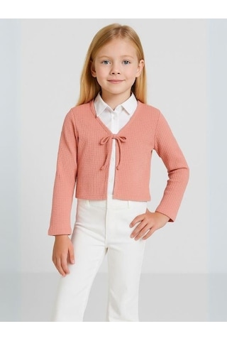 Kız Çocuk Mevsimlik Örme Bağlamalı Hırka-16070 Somon