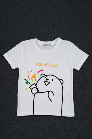 Kız Çocuk Beyaz Monna Rosa Eğlenceli Ayıcık Detaylı Yazlık Tişört Beyaz