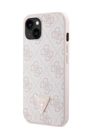 Apple Uyumlu iPhone 14 Kılıf Guess Lisanslı Pu Deri Taşlı Üçgen Logo 4g Desenli Kapak Pembe