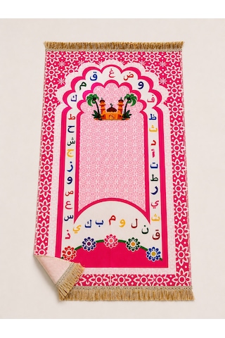 Çocuk Seccadesi 97x45 Cm Arapça Alfabeli Püsküllü Namaz Seccadesi Pembe