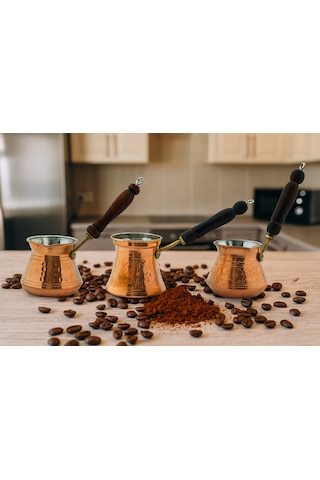 Ludıa Otantik İşlemeli 3 Adet El Yapımı Eskitme Bakır Cezve Set