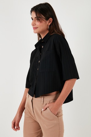 Lela Regular Fit Çift Cepli Kısa Kollu Bayan Gömlek 5865644 Siyah